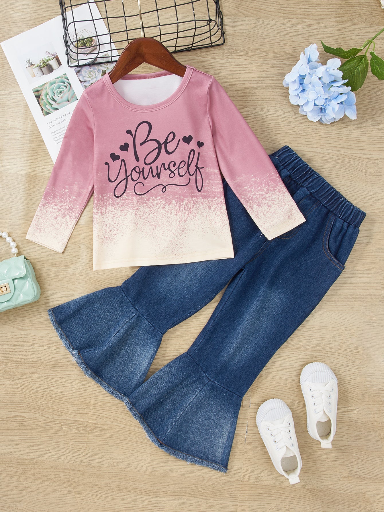Girls BE YOURSELF T-Shirt and Bell Bottom Jeans Set Age: 18m-6yr